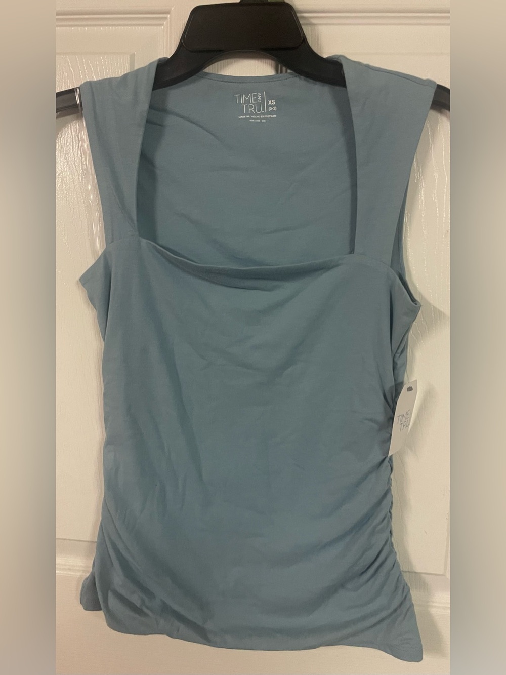 NWT Time and Tru Ruched Square Neck Tank Top Blue XS Sleeveless Stretch